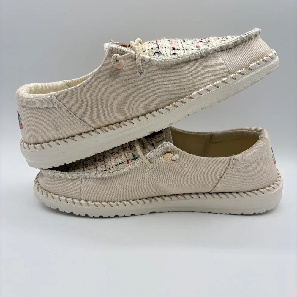 Hey Dude Shoes Womens Size 10 Beige Slip-On Wendy Funk Tweed Canvas Comfort NEW